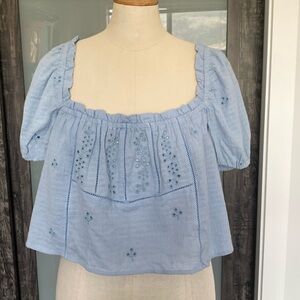 Zara peasant puff sleeved crop top in powder blue eyelet material. Small🩵🩵🩵